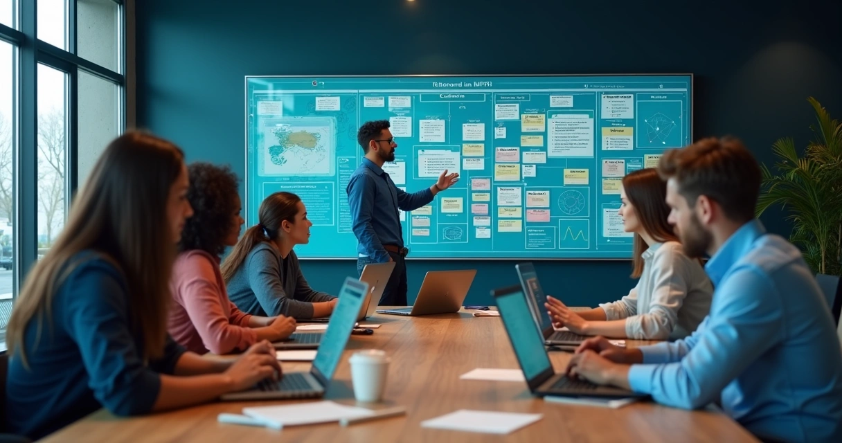 Equipe de tecnologia em reunião tensa diante de painel com gráficos e tarefas acumuladas 