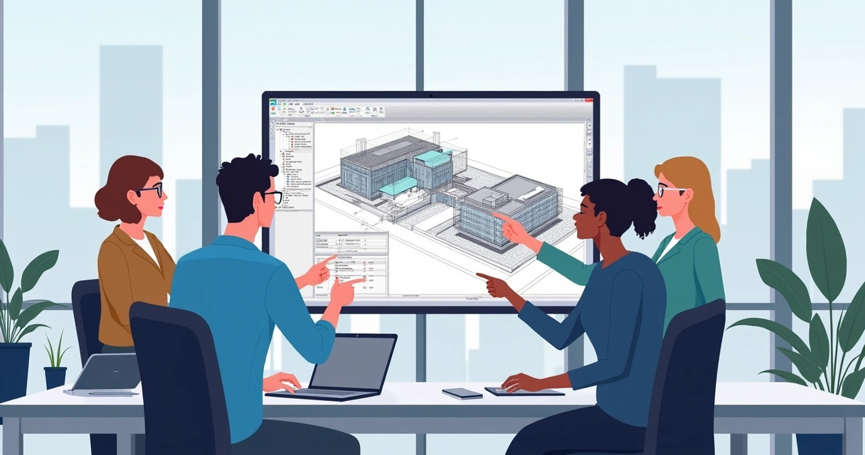 Equipe técnica reunida analisando projeto em Autocad em tela grande