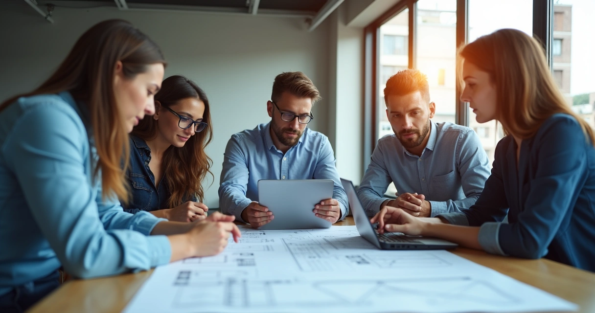 Equipe técnica de construtora reunida colaborativamente em sala de reunião 