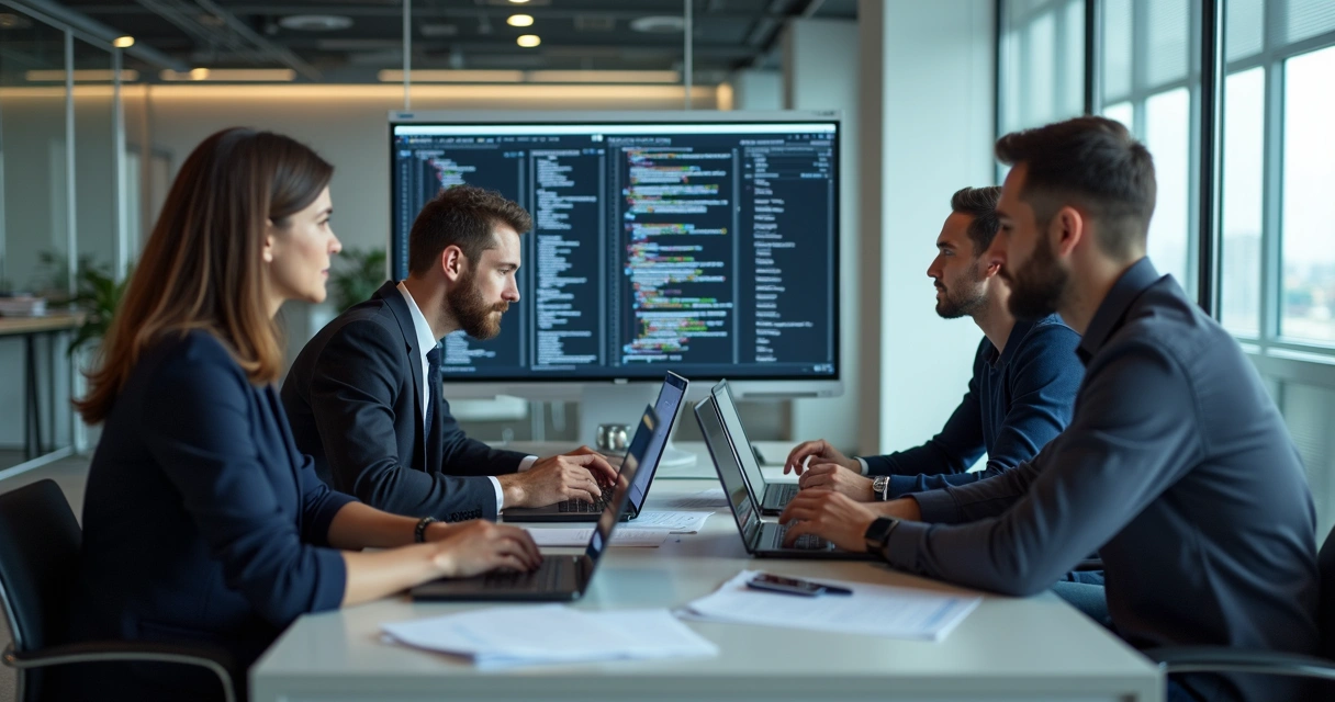 Equipe técnica trabalhando em computadores em ambiente corporativo. 