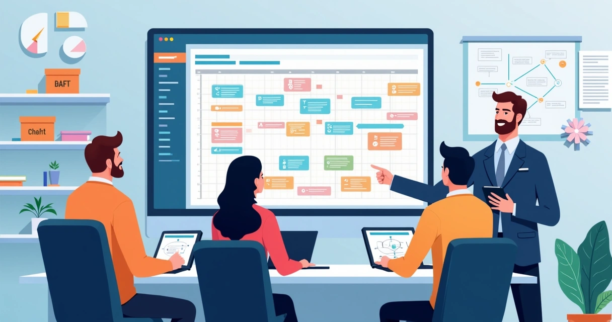 Equipe técnica reunida em frente a um monitor analisando agenda digital colorida de serviços programados 