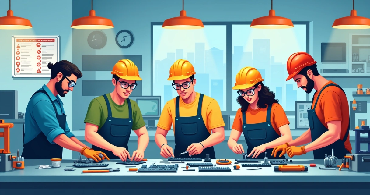 Equipe técnica usando EPIs diferentes para manutenção elétrica e mecânica 