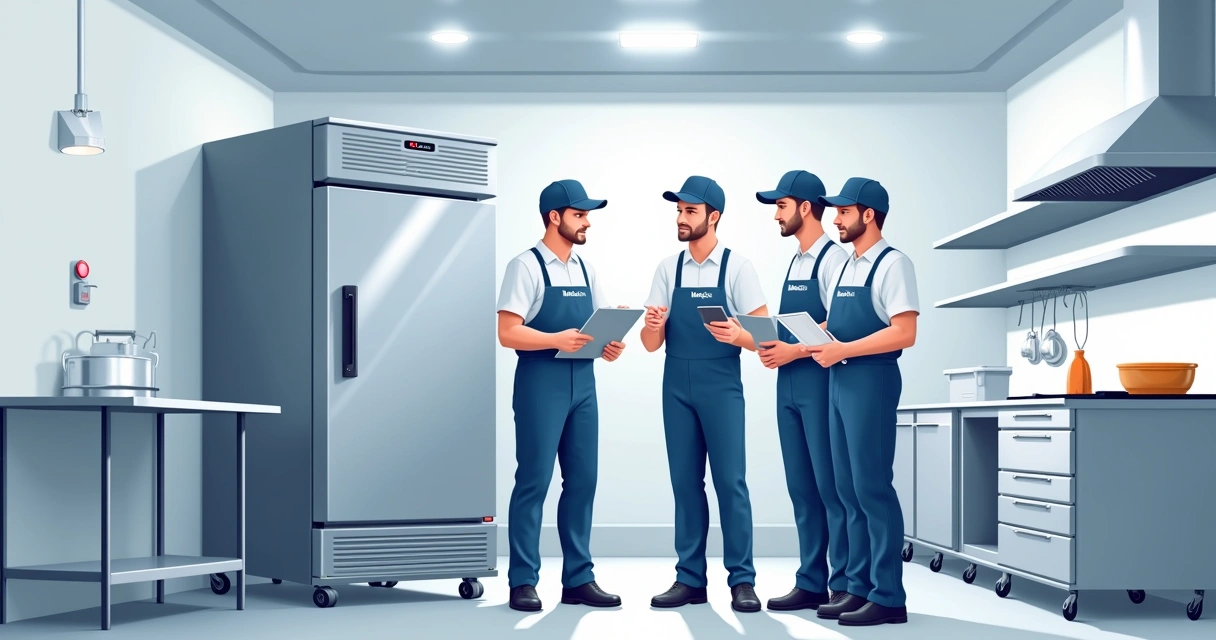 Equipe técnica da MaqLav em vistoria de instalação de geladeira industrial. 