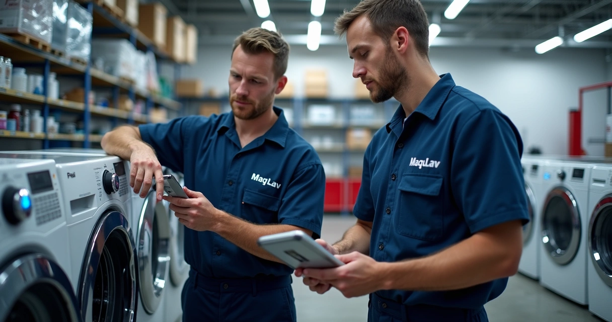 Dois técnicos da MaqLav analisando lava e seca 
