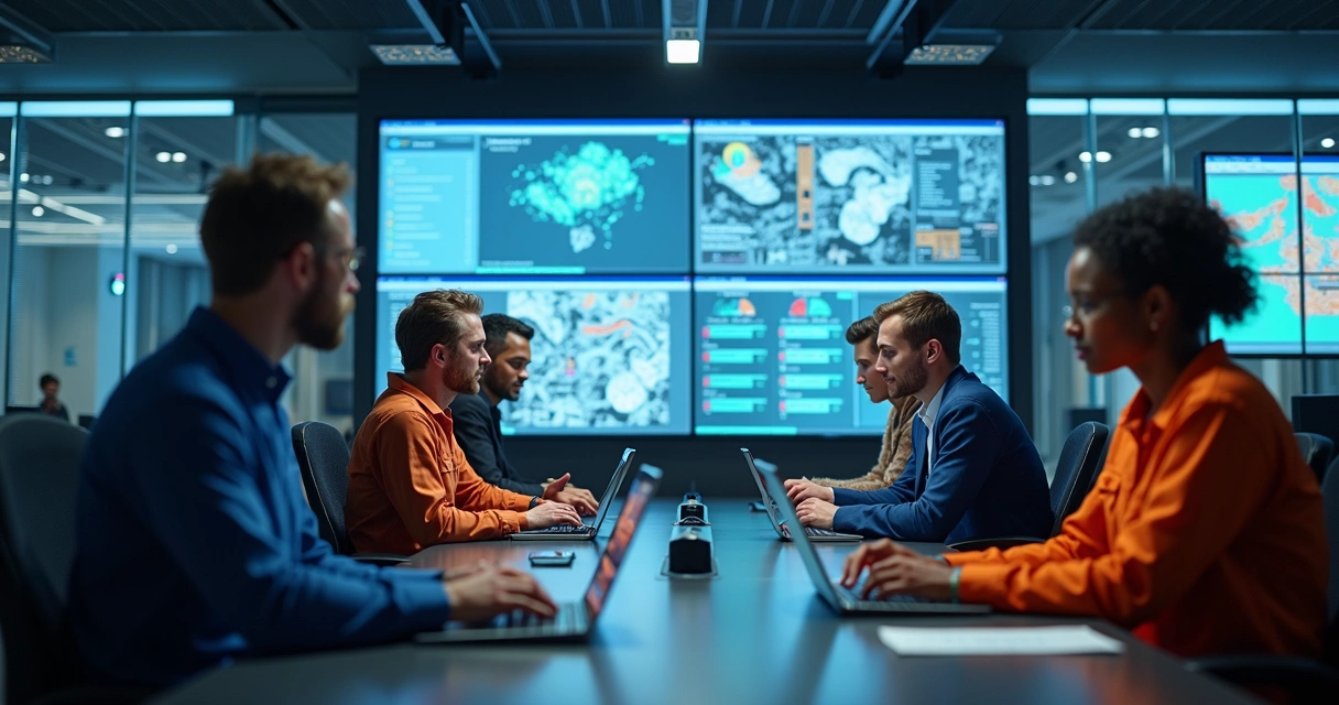 Equipe técnica monitorando ordens de serviço em app 