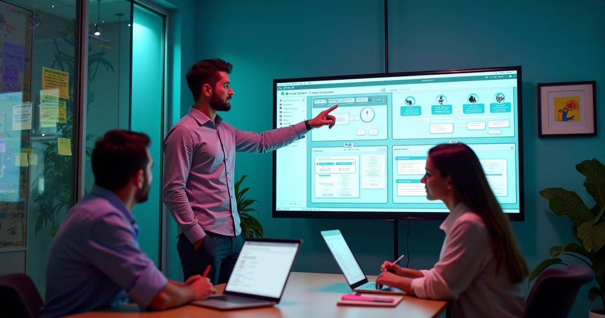 Equipe técnica colaborando em frente a um painel com plataforma no-code 