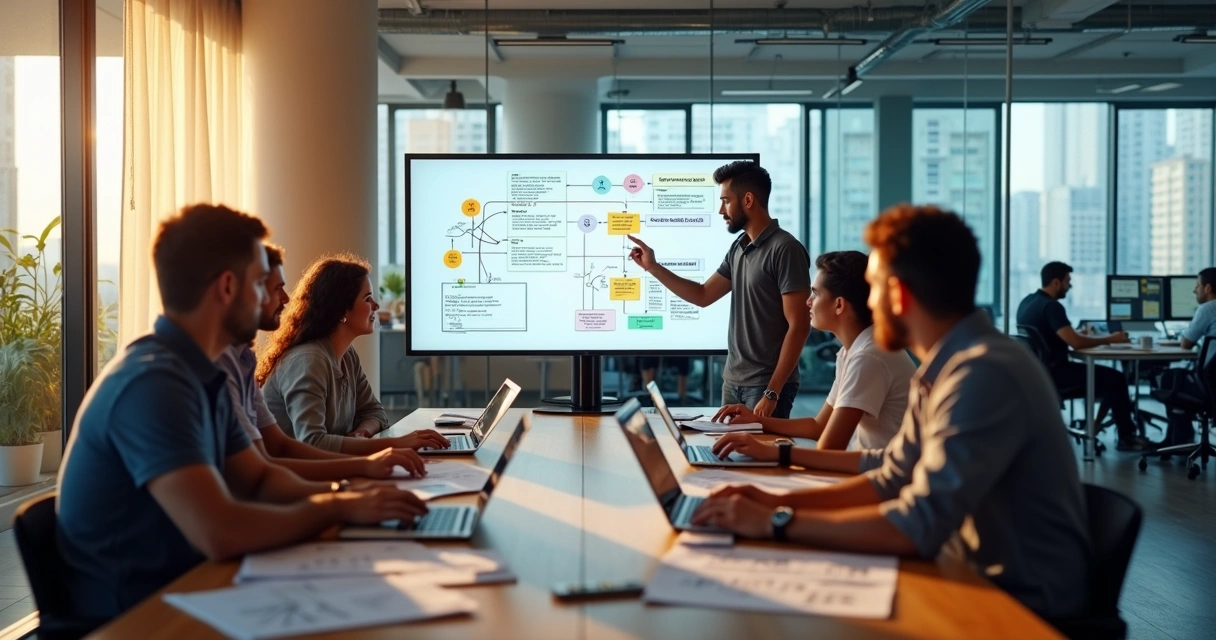 Equipe técnica em reunião focada no cliente em empresa de serviços 