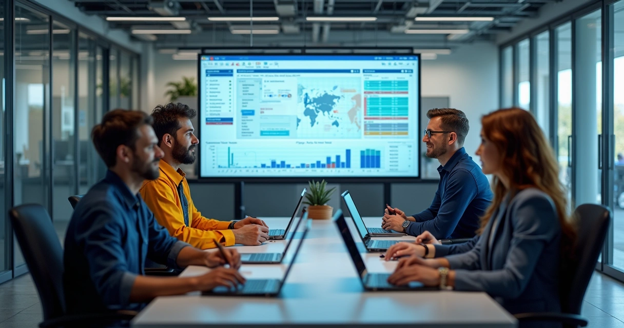 Equipe reunida avaliando plano no sistema ERP
