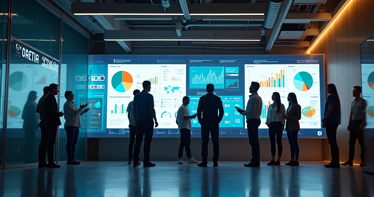 Equipe de tecnologia avaliando dados digitais em telas grandes 