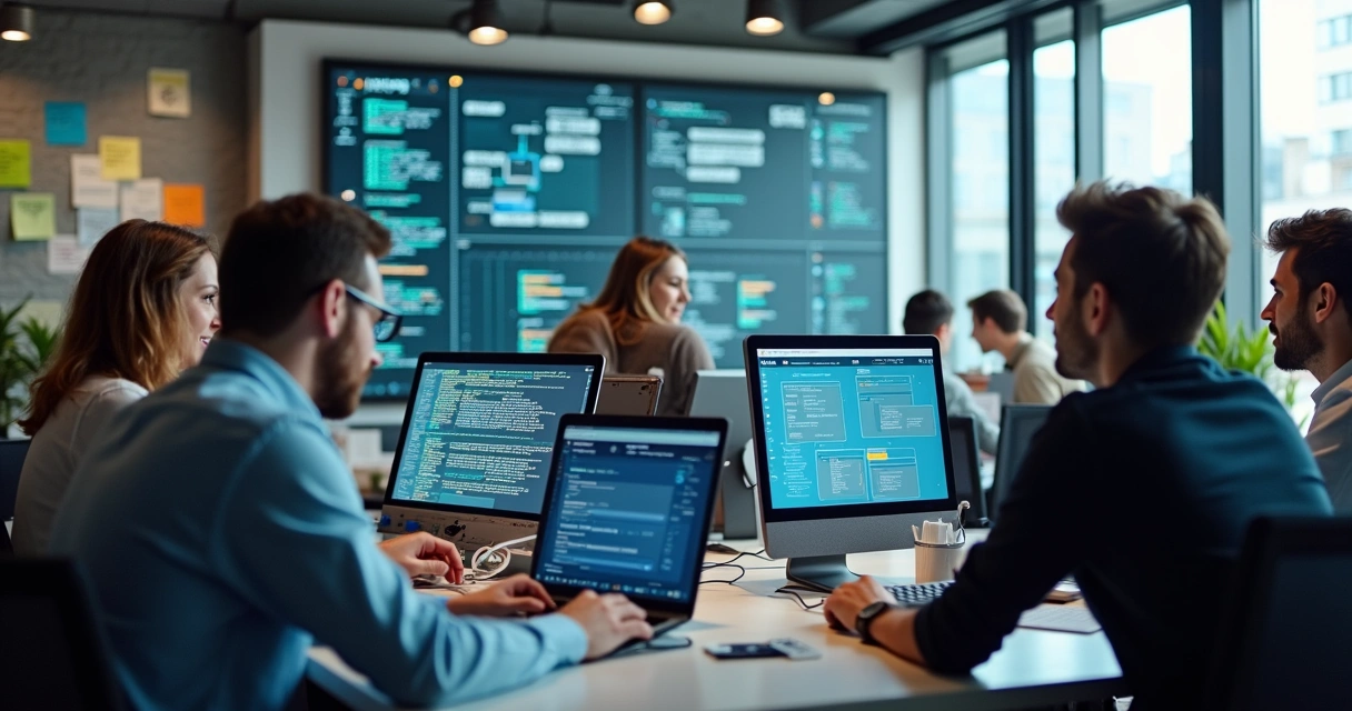 Equipe de tecnologia reunida em frente a computadores projetando automações de processos 