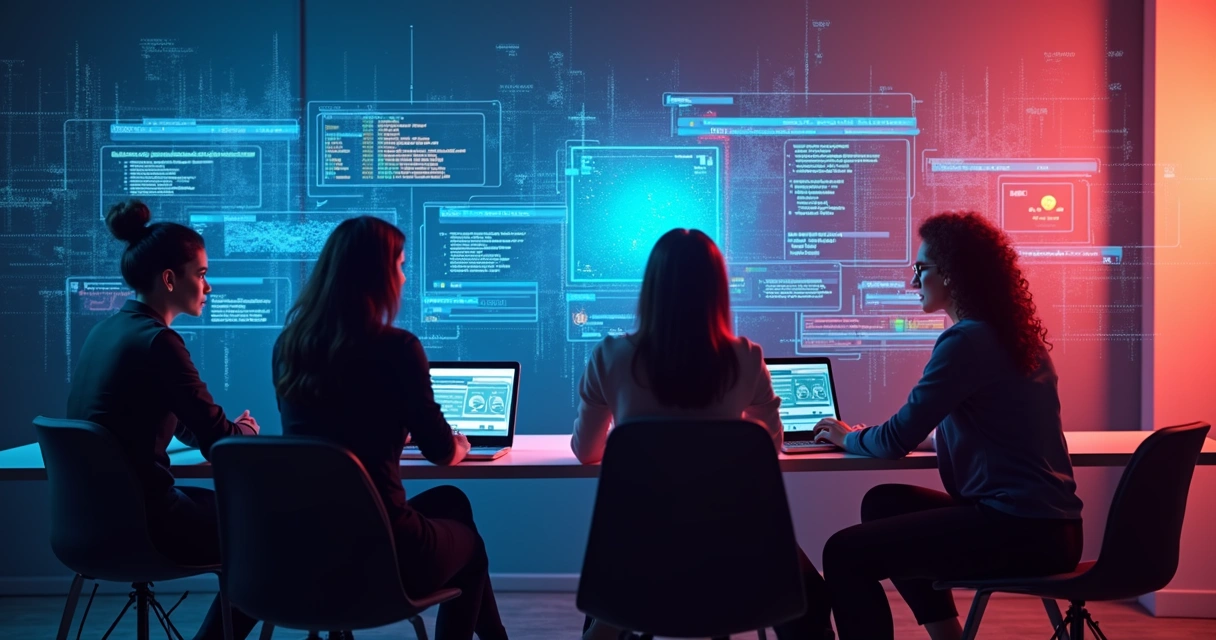 Equipe de tecnologia reunida analisando tela grande com dados de backup. 