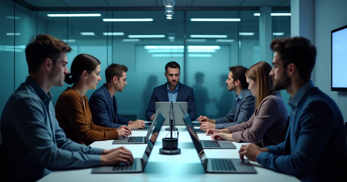 Equipe de tecnologia reunida ao redor de uma mesa, com expressões fechadas, pessoas sem se olharem, em ambiente de escritório, luz fria e computadores. 