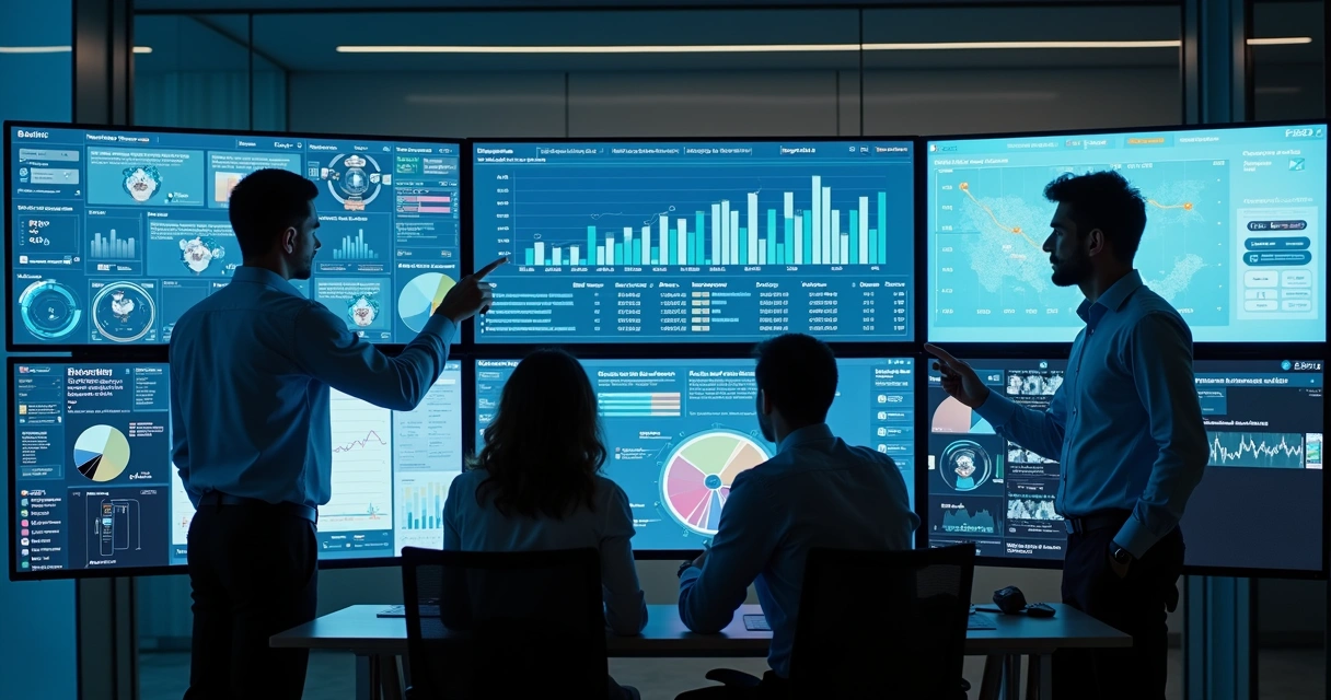 Equipe de tecnologia trabalhando com telas de IA e gráficos de cobrança 