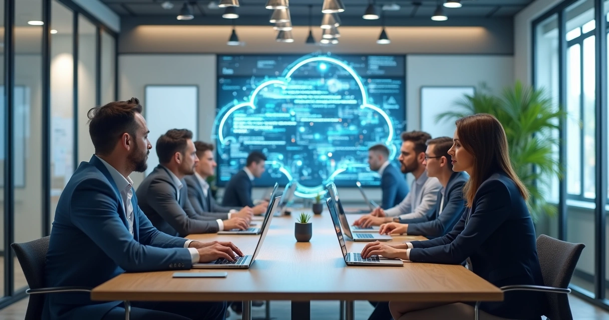 Equipe de tecnologia trabalhando com notebooks em mesa, painéis digitais ao fundo e ícones de cloud 
