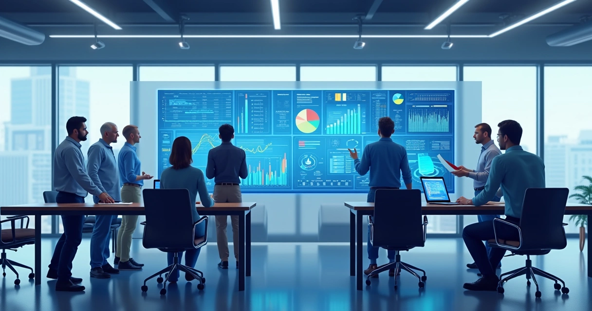 Equipe de tecnologia reunida analisando dados em telas digitais