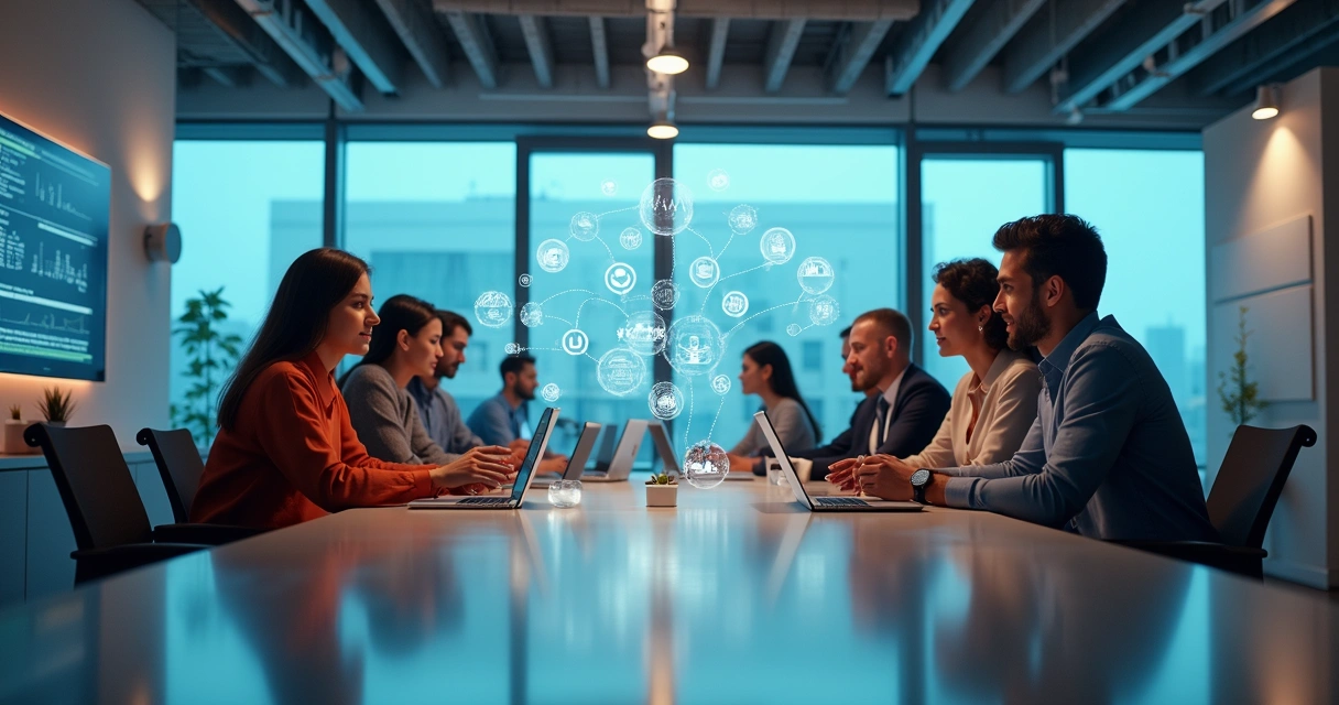 Equipe de profissionais de tecnologia colaborando em ambiente de escritório moderno e iluminado 
