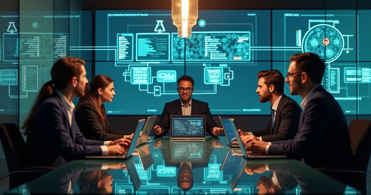 Equipe consultores tecnologia reunida ao redor de notebooks e telas de sistemas legados e dashboards de IA 