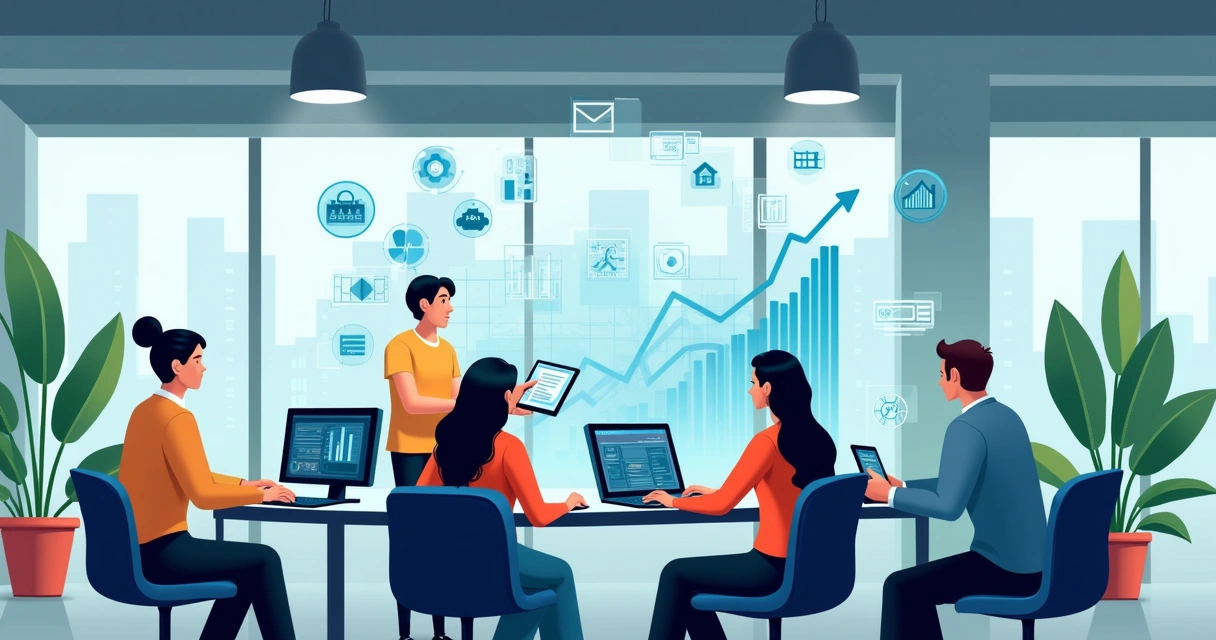 Equipe de profissionais de TI trabalhando em ambiente moderno e colaborativo com gráficos e ícones digitais ao fundo 