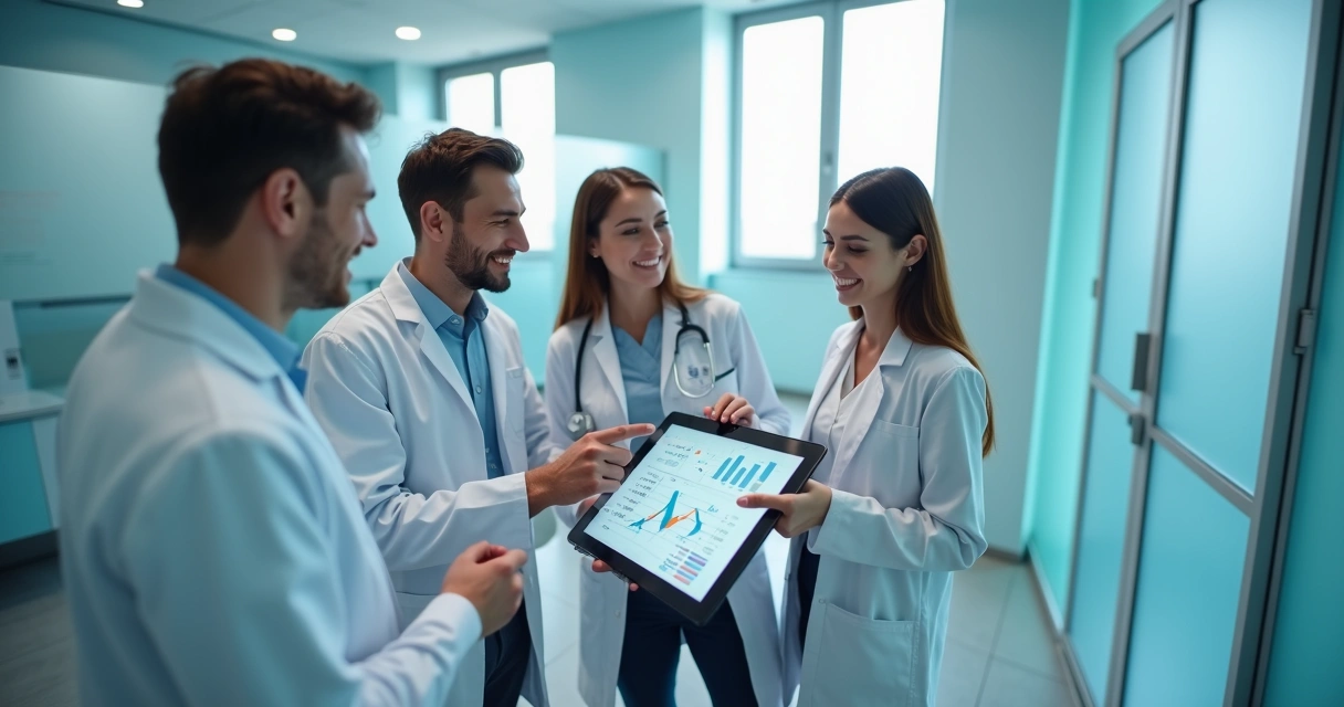 Equipe odontológica utilizando tablet com dados de anúncio em consultório 