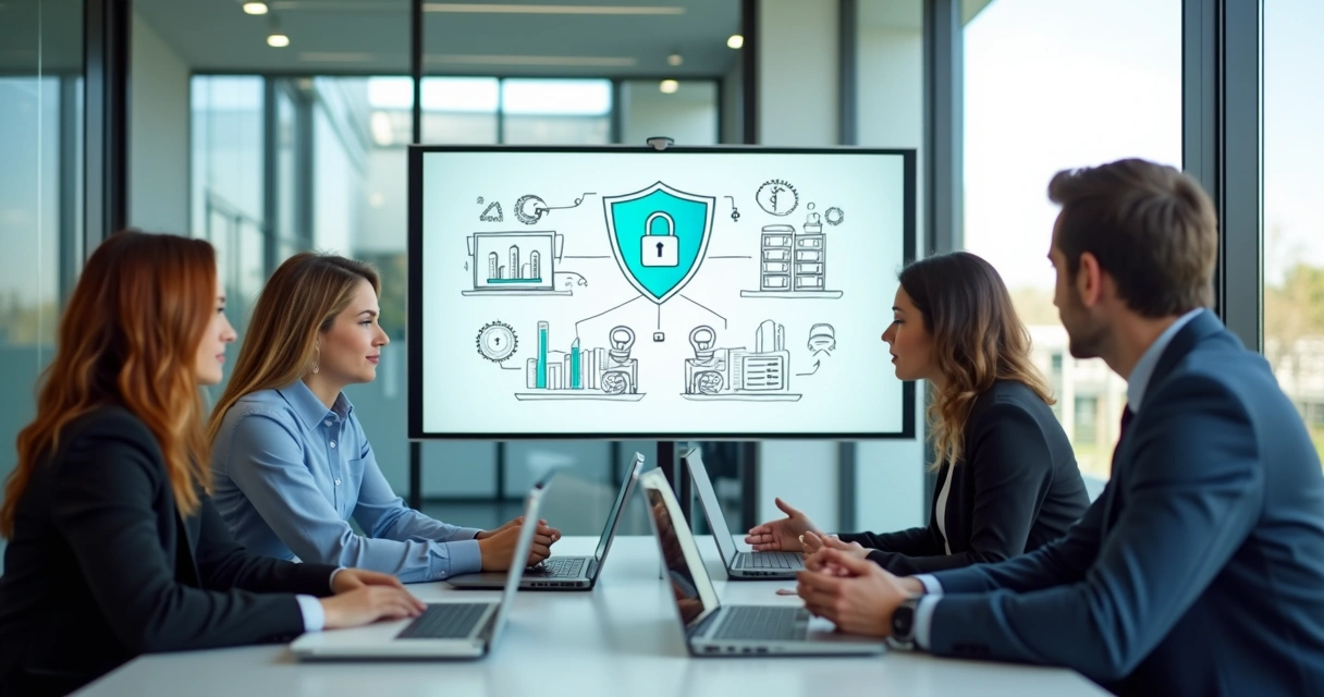 Equipe de tecnologia discutindo estratégias de segurança de dados 