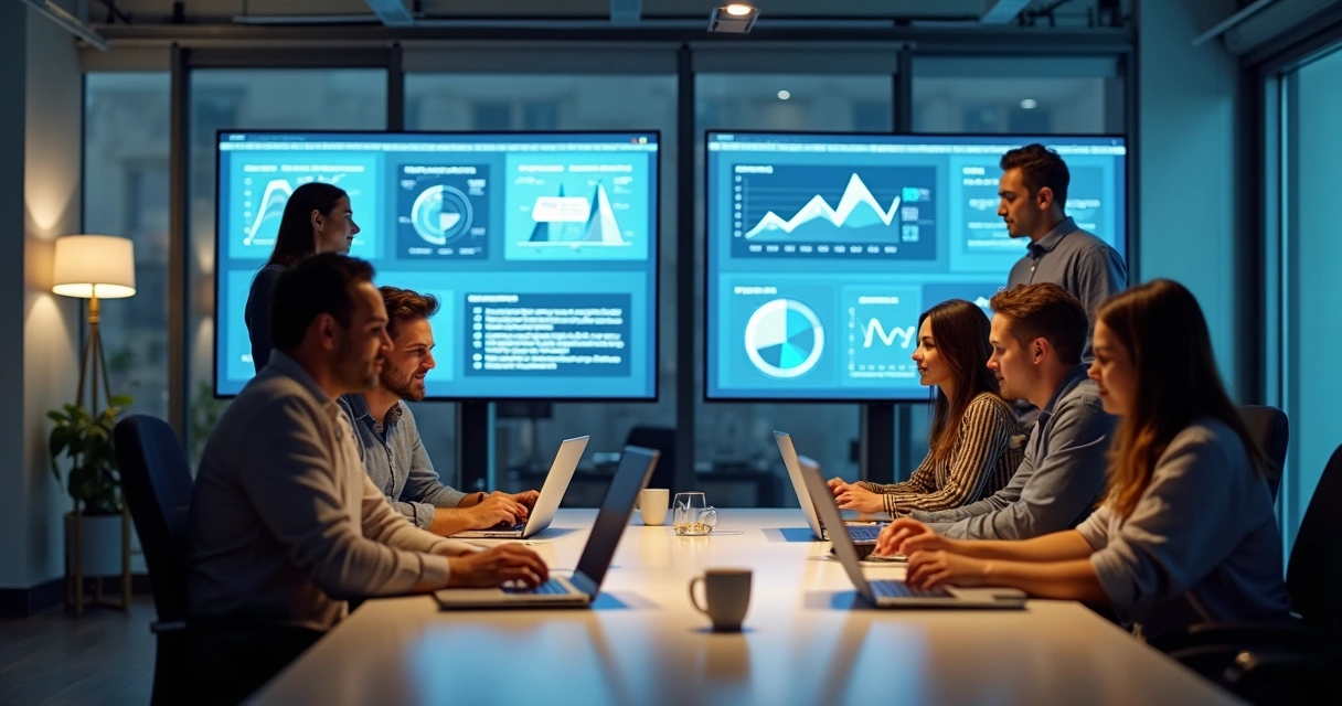 Equipe de TI reunida analisando gráficos em um escritório moderno