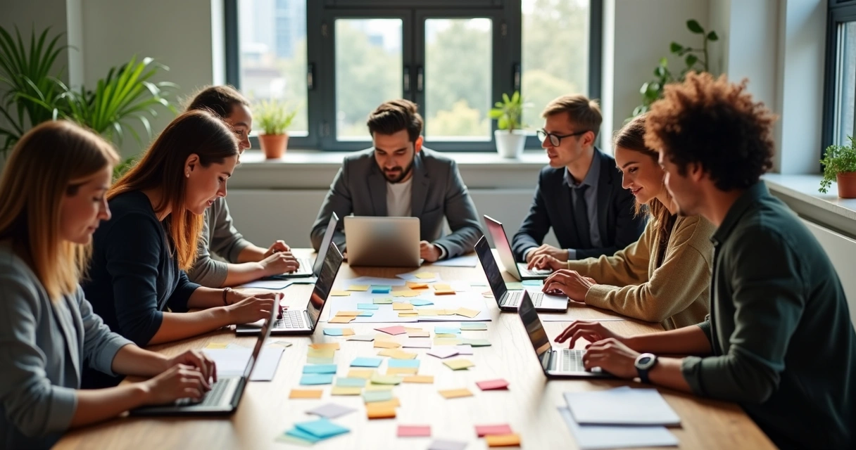 Equipe diversa de tecnologia reunida em reunião 