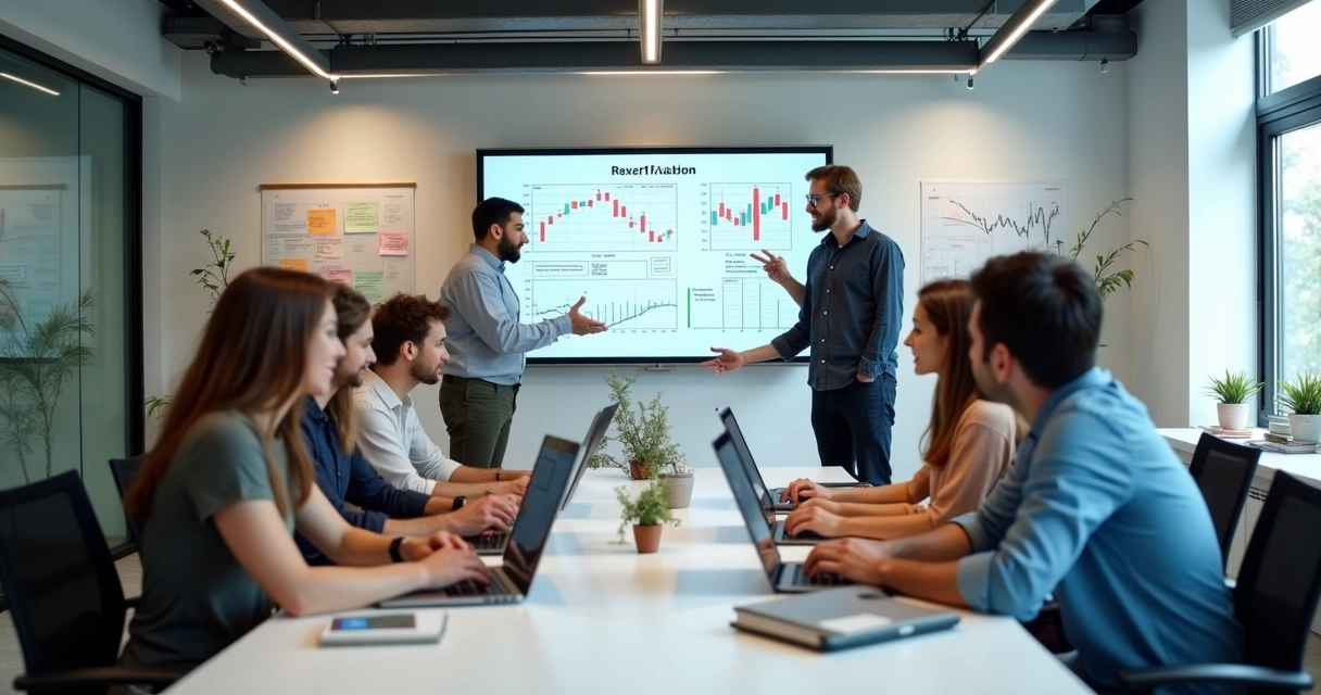 Equipe discutindo projeto de fintech no escritório 