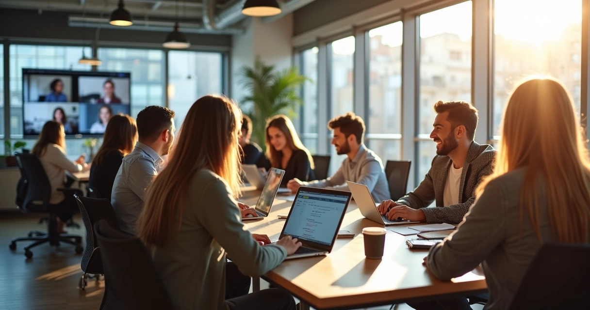 Equipe reunida com laptops em sala moderna de coworking 