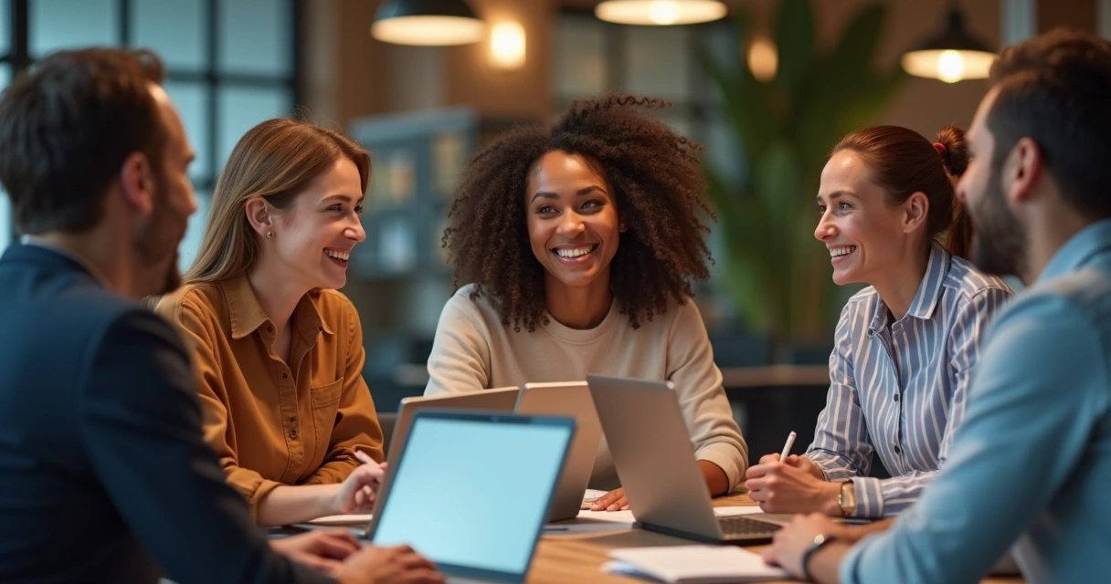 Equipe de trabalho reunida discutindo com computadores e expressões amigáveis 
