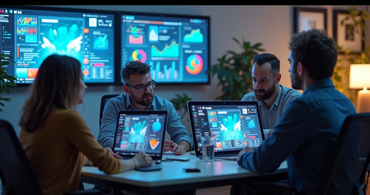 Equipe de marketing analisando dados em telas digitais e gráficos de IA 