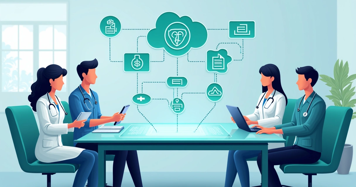 Equipe médica com sistemas digitais integrando regras de convênios 