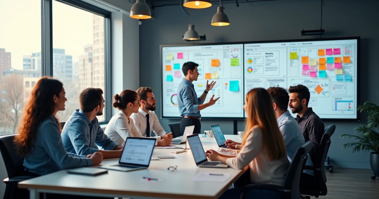 Equipe multidisciplinar reunida em escritório moderno trabalhando com metodologias ágeis 
