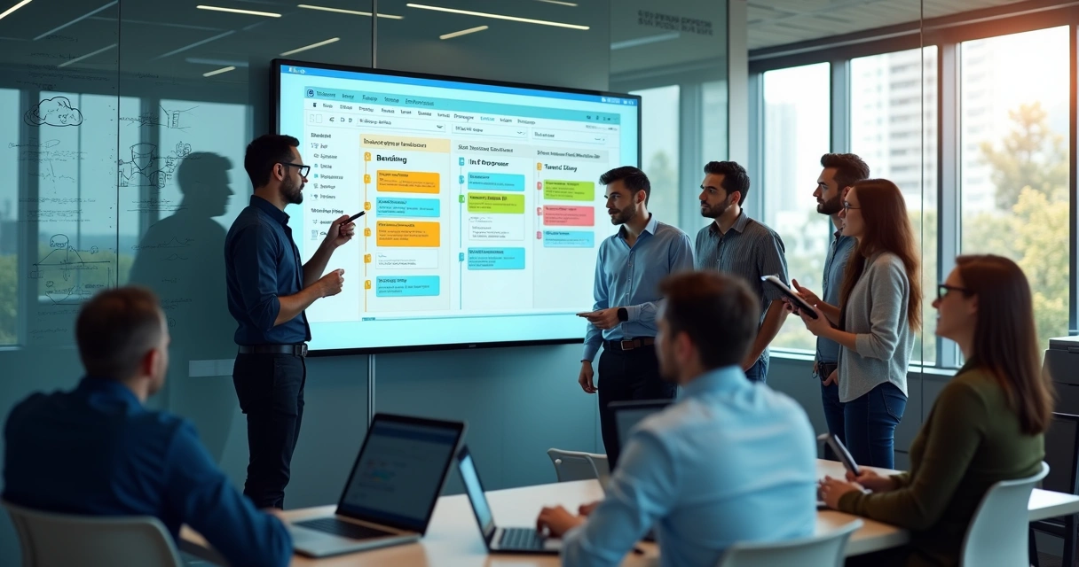 Equipe de tecnologia colaborando em quadro kanban digital em ambiente de escritório moderno 