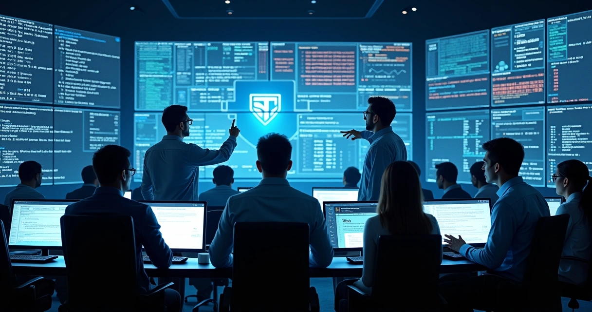 Equipe de TI monitorando dados de segurança em painéis digitais 
