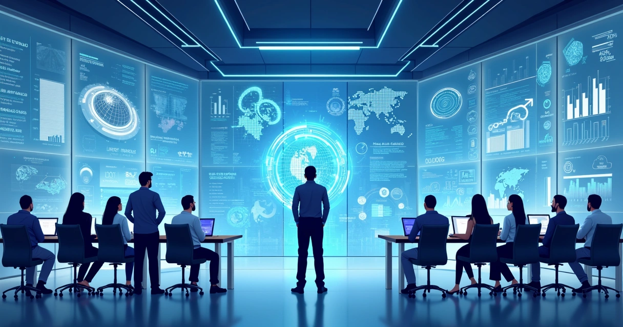 Equipe de profissionais de tecnologia trabalhando em frente a grandes telas de dados