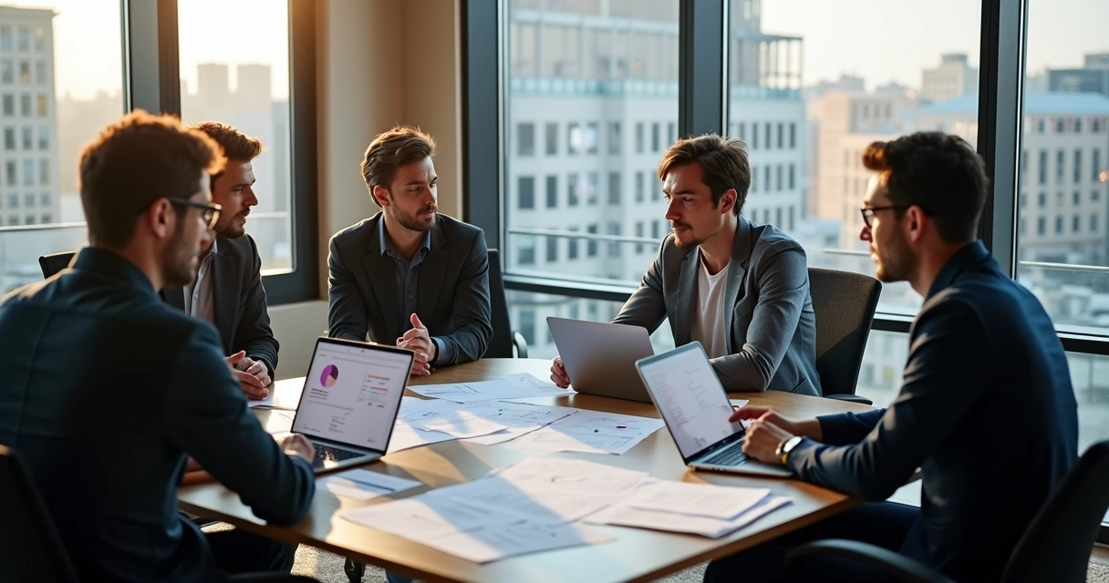 Equipe de tecnologia reunida conversando com gestores de negócios, tablets e notebooks na mesa. 