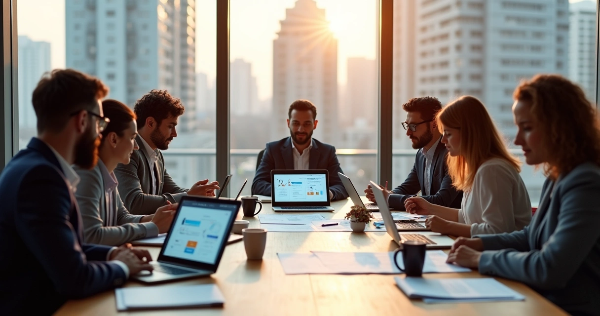 Equipe discute processo de desenvolvimento de software ao redor de mesa de trabalho 