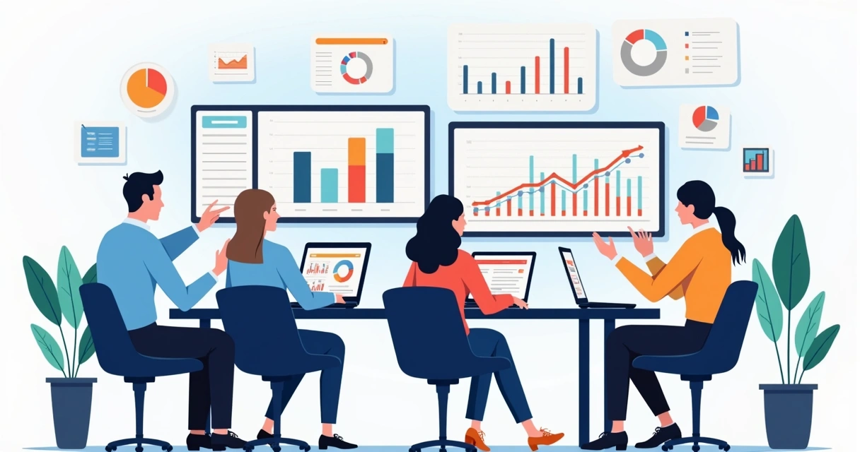 Equipe de tecnologia colaborando analisando gráficos coloridos em computadores 
