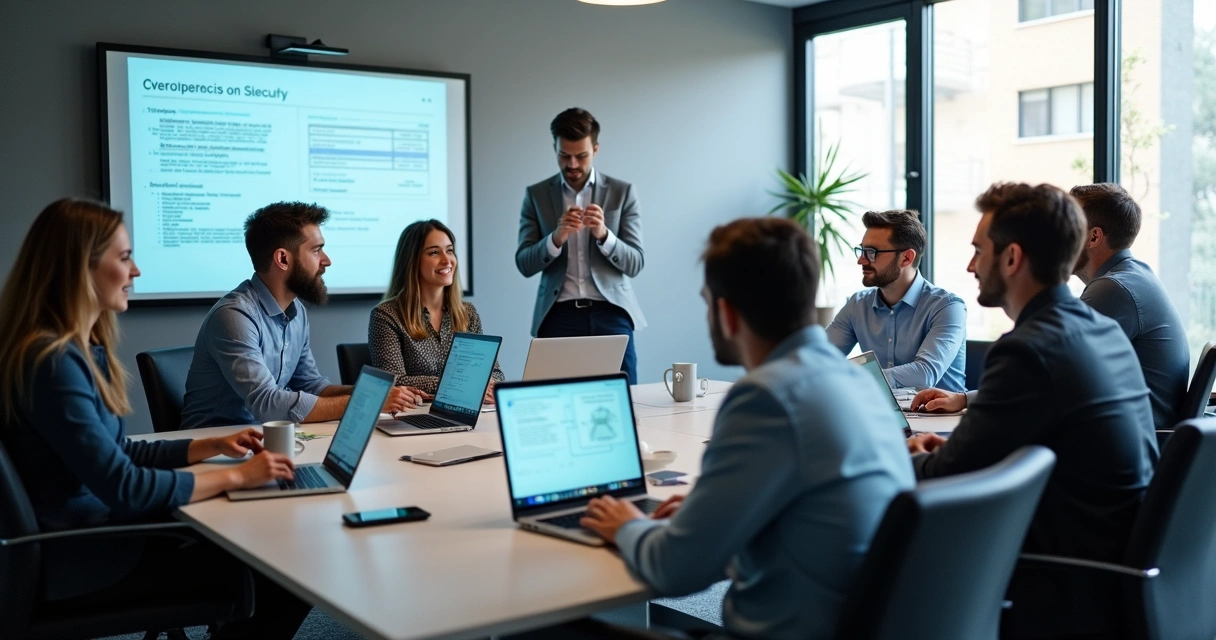 Equipe de TI reunida em sala de reunião, analisando planos de contingência em computadores