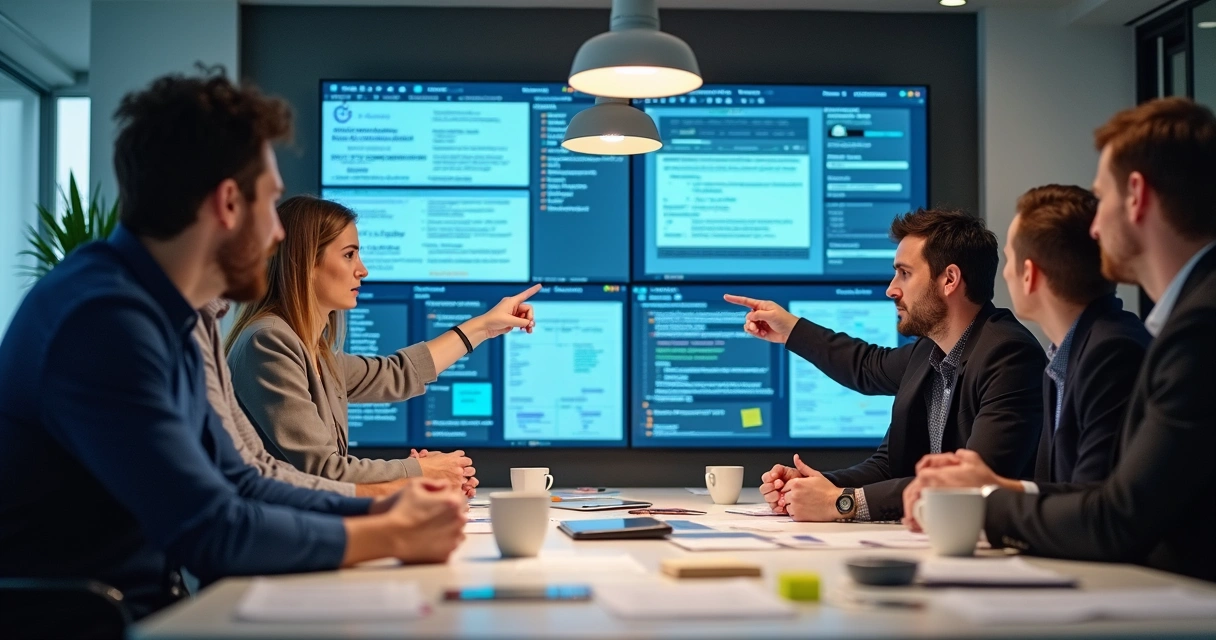 Equipe de tecnologia reunida discutindo mudanças fiscais em frente a telas de computador