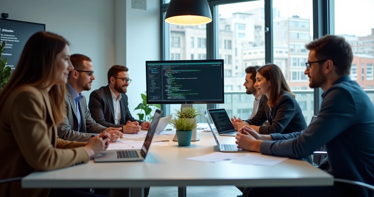Equipe de tecnologia reunida, analisando códigos e licenças em mesa de escritório 