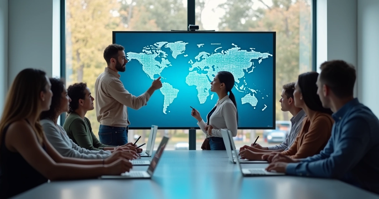 Equipe de trabalho interagindo com tecnologia de IA na sala de reunião