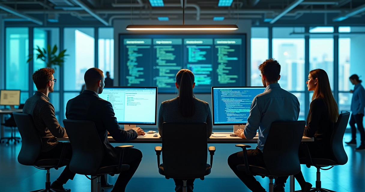 Equipe de TI multidisciplinar revisando códigos em diferentes telas no escritório