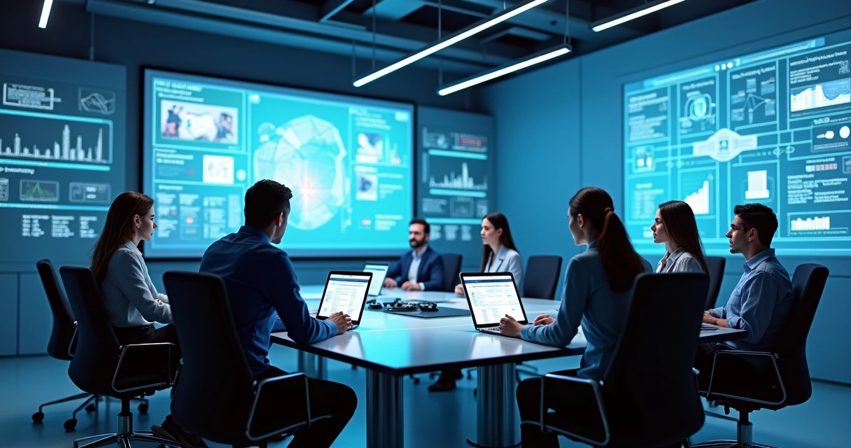 Equipe de tecnologia em sala moderna discutindo integração de sistemas em aquisição.