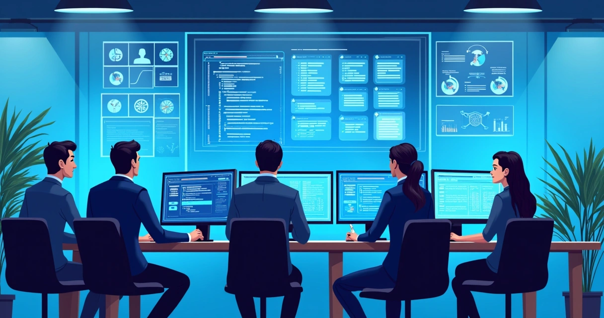 Equipe de tecnologia ajustando software de agente de IA em monitores. 