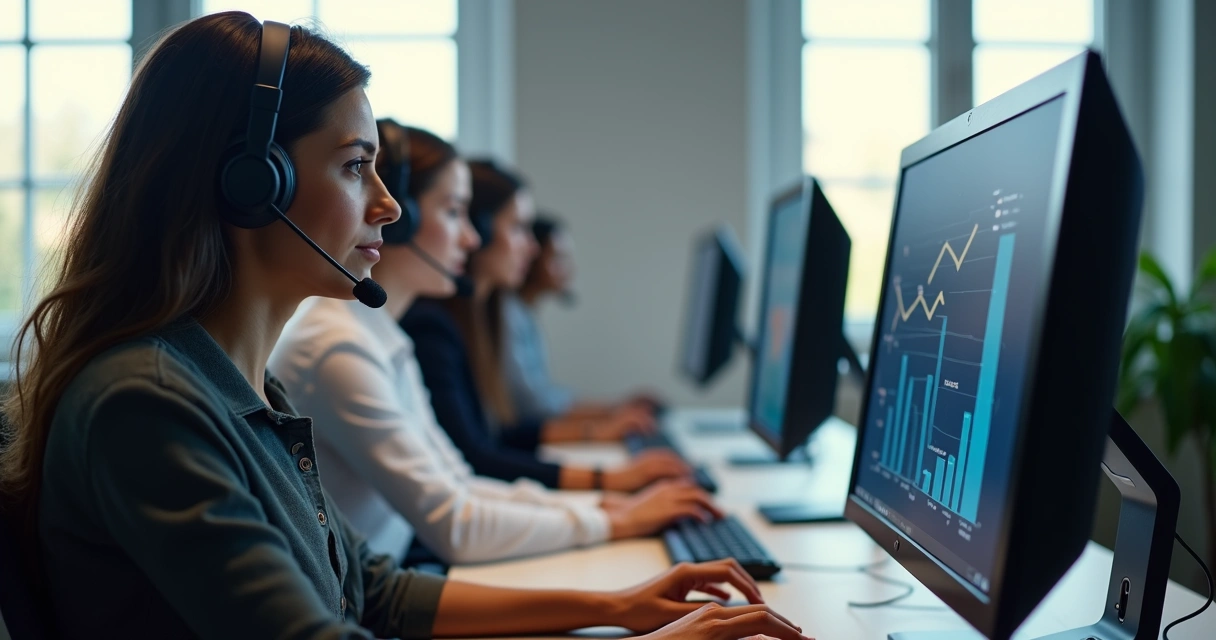 Equipe de telemarketing em estações de trabalho remotas 