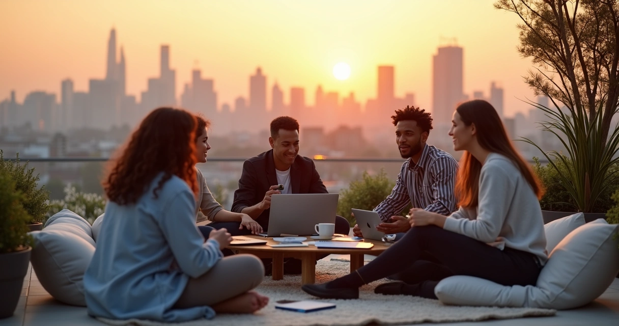 Equipe diversa em círculo conversando em terraço ao pôr do sol 