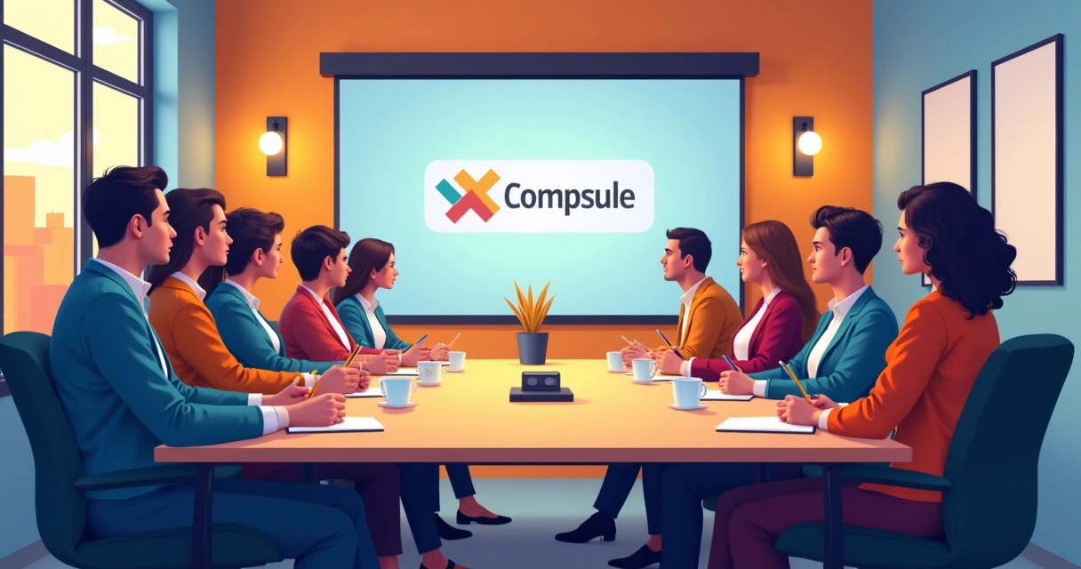 Equipe em treinamento de integração, ambiente corporativo com logo em tela. 