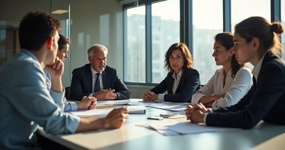 Equipe de trabalho séria em reunião, clima tenso, ambiente iluminado por janelas 