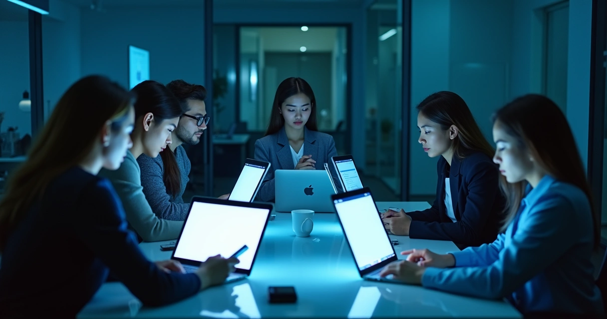 Equipe diante de telas em ambiente digital tenso